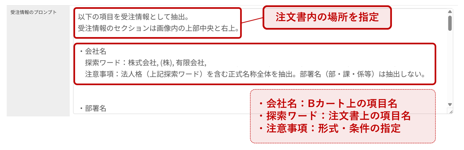 プロンプト記述例。冒頭に抽出箇所の指定があり、続けて各項目ブロック(項目名・探索ワード・注意事項の3要素)が並んでいます。